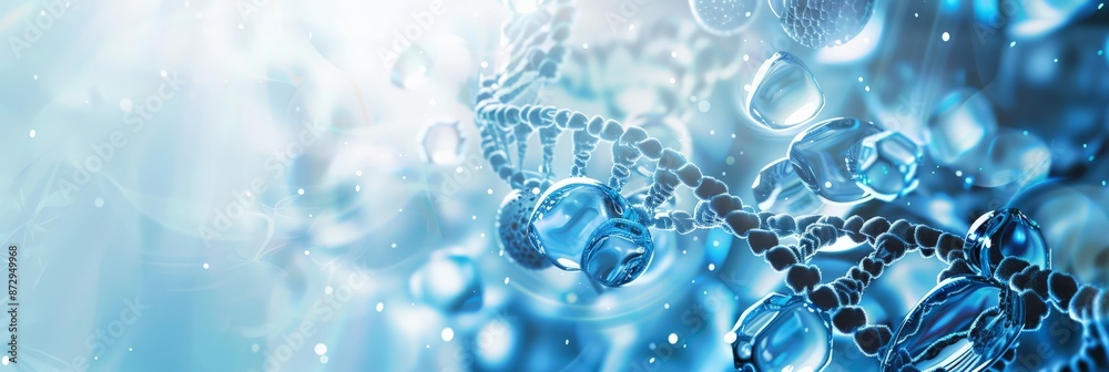 Poster DNA strand in a light blue and white background with floating particles. Molecular structure visualization for healthcare and scientific research.