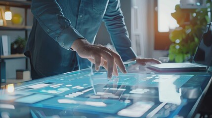Close up of ux developer and ui designer using augmented reality for brainstorming mobile app interface wireframe design on desk in modern office - creative digital development team collaborating on i