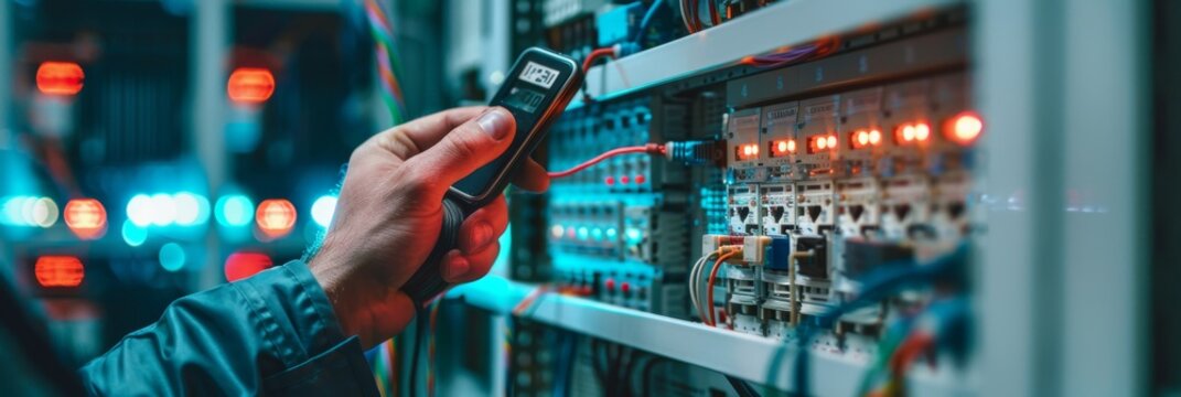 Power and electrical maintenance services, Engineer holding AC voltmeter to check the current voltage at circuit breaker terminals and cables