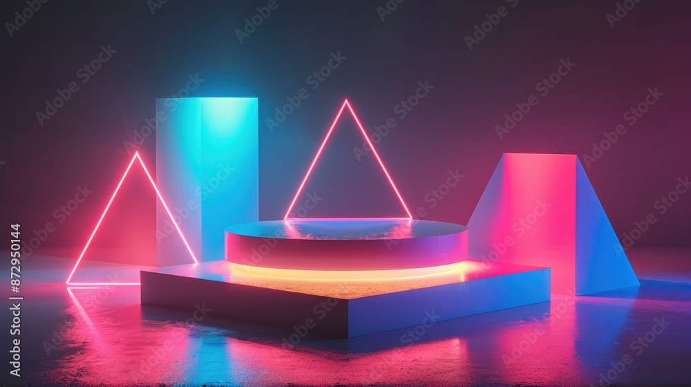 Poster a neon podium set against a dark background, with geometric shapes like cubes and pyramids emitting 