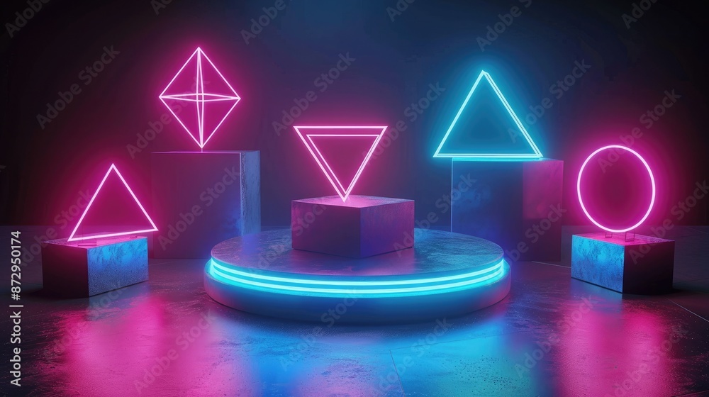 Poster a neon podium set against a dark background, with geometric shapes like cubes and pyramids emitting 