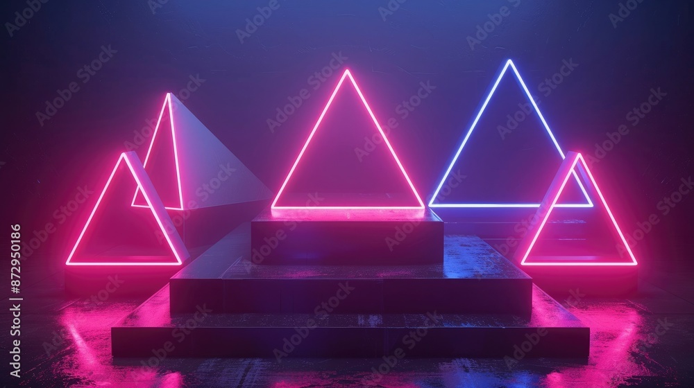 Poster a neon podium set against a dark background, with geometric shapes like cubes and pyramids emitting 