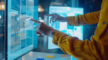 Close up of ux developer and ui designer using augmented reality for brainstorming mobile app interface wireframe design on desk in modern office - creative digital development team collaborating on i