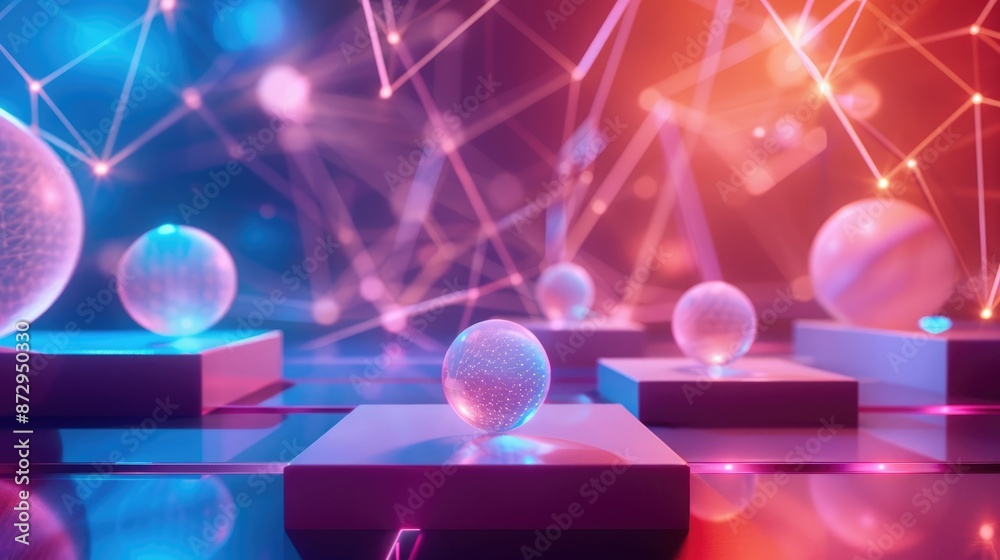 Poster a neon podium with a 3d geometric backdrop, including glowing spheres and interconnected lines, for 
