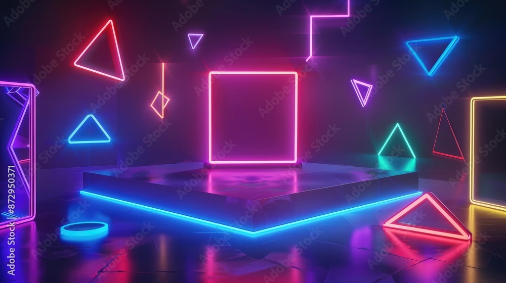 Aufkleber A square neon podium surrounded by a series of floating geometric shapes, all glowing with different neon colors.