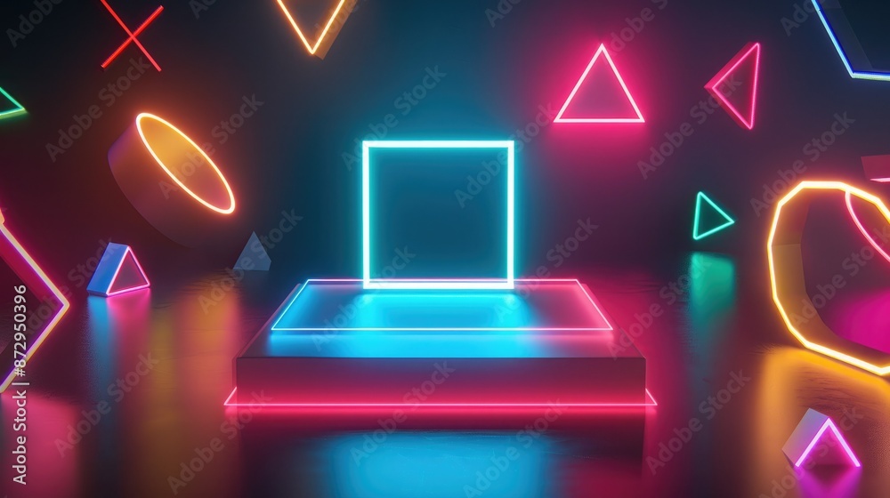 Poster A square neon podium surrounded by a series of floating geometric shapes, all glowing with different neon colors. 