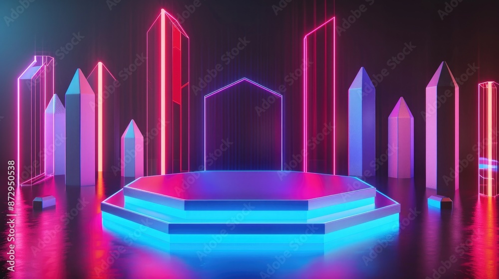Poster a hexagonal neon podium with glowing geometric shapes such as cylinders and prisms around it, provid