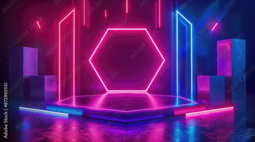 Poster A hexagonal neon podium with glowing geometric shapes such as cylinders and prisms around it, providing an artistic composition.