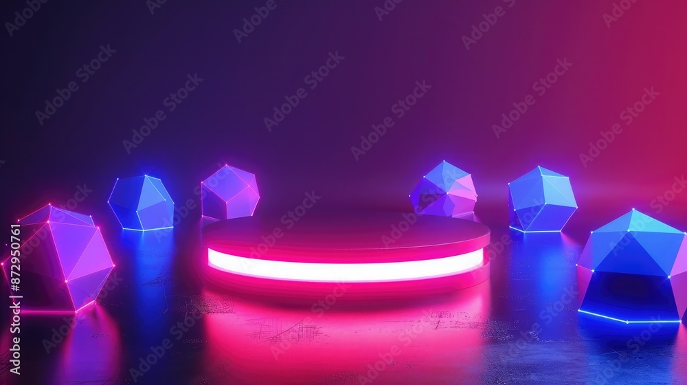 Poster a neon podium surrounded by glowing 3d geometric shapes, such as tetrahedrons and octahedrons, for a