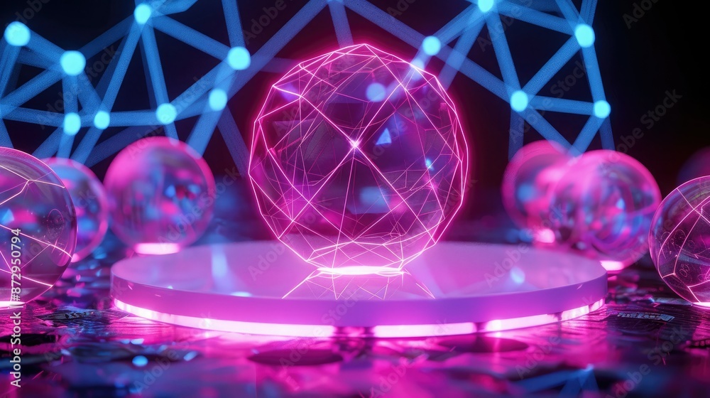 Poster a neon podium with a 3d geometric backdrop, including glowing spheres and interconnected lines, for 