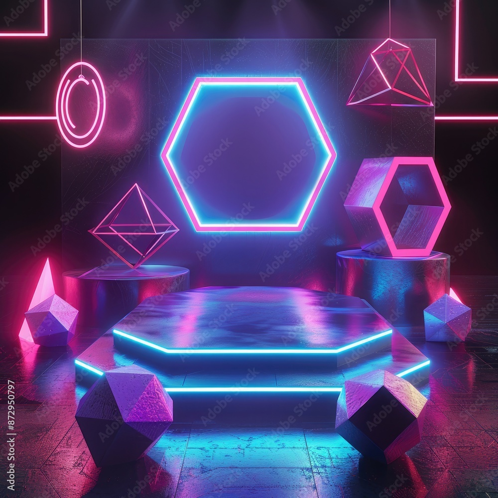 Poster a neon podium surrounded by glowing 3d geometric shapes, such as tetrahedrons and octahedrons, for a