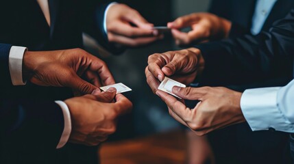 Obraz premium Close-up of hands exchanging business cards during a corporate meeting, symbolizing networking, professional connections, and business interactions