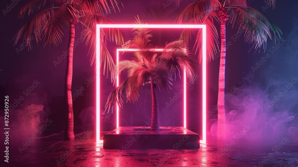 Poster a square pedestal with neon lights and palm trees, set against a dark background for a striking and 