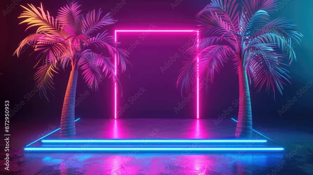 Poster A square pedestal with neon lights and palm trees, set against a dark background for a striking and dramatic visual effect. 