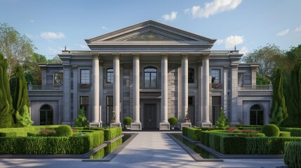 Obraz premium Elegant front design of a Neo-Classical house with a grey stone exterior, grand columns, and a manicured front garden with symmetrical hedges.