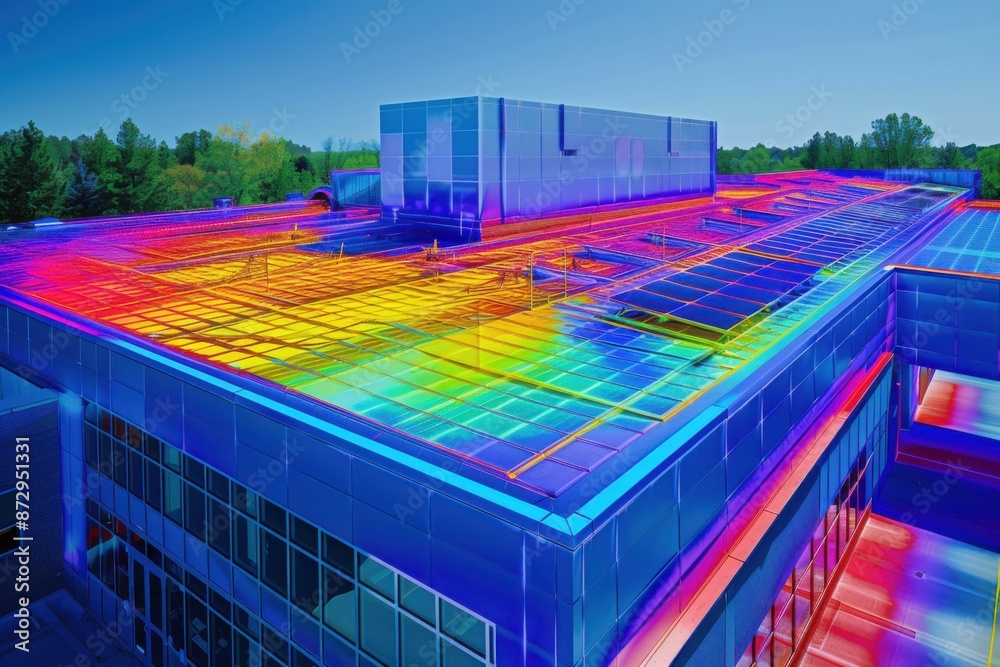 Wall mural thermographic imaging of solar panel installation on office building. heat efficiency mapped.