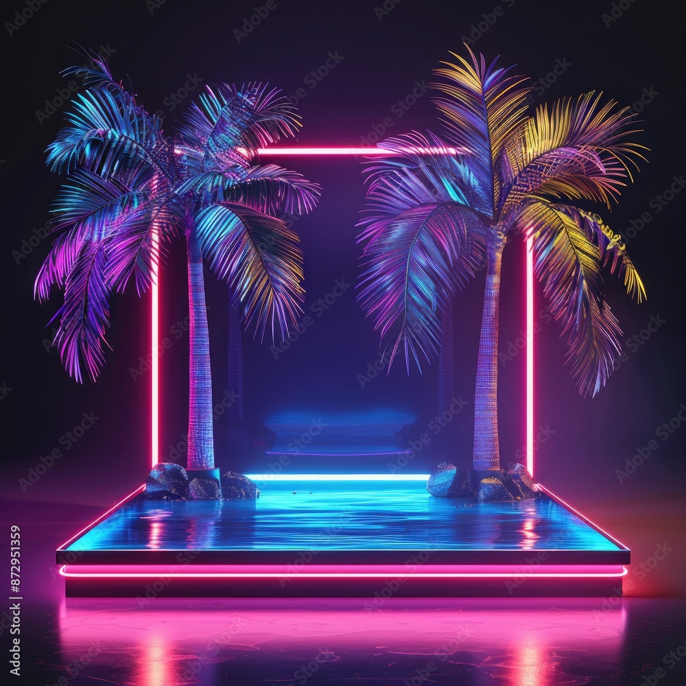 Poster a square pedestal with neon lights and palm trees, set against a dark background for a striking and 