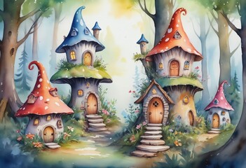 Fototapeta premium Watercolor of cute fairy houses in a whimsical forest setting