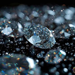 Fototapeta premium Close-up of sparkling diamonds on a black surface, highlighting their clarity and brilliance.