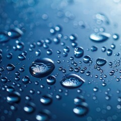 Close-up shot of water droplets on a smooth surface with a blue background, showcasing the beauty of water and reflections.