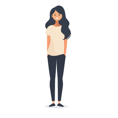 Fototapeta premium A woman stands and smiles, a simple illustration of a person, a flat image, isolated on a white background, one person
