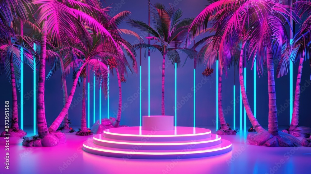 Poster A circular podium surrounded by neon-lit palm trees, creating a futuristic and immersive environment for showcasing products.