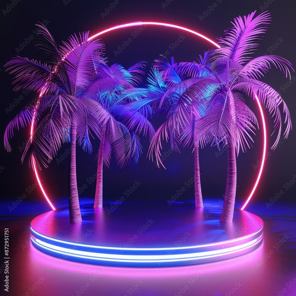 Poster A circular podium surrounded by neon-lit palm trees, creating a futuristic and immersive environment for showcasing products. 