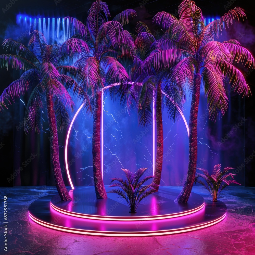 Poster A circular podium surrounded by neon-lit palm trees, creating a futuristic and immersive environment for showcasing products. 
