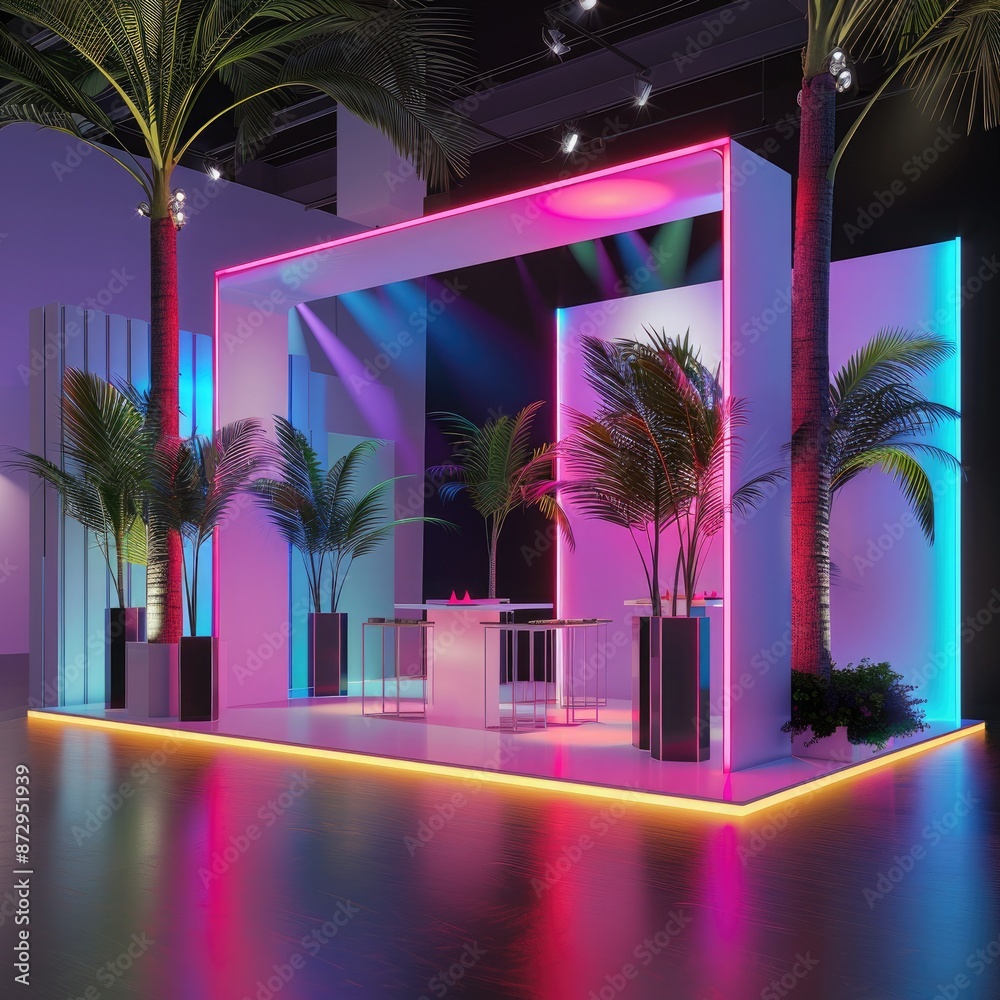 Poster a modern exhibition stand with a minimalist design, surrounded by palm trees and illuminated by colo