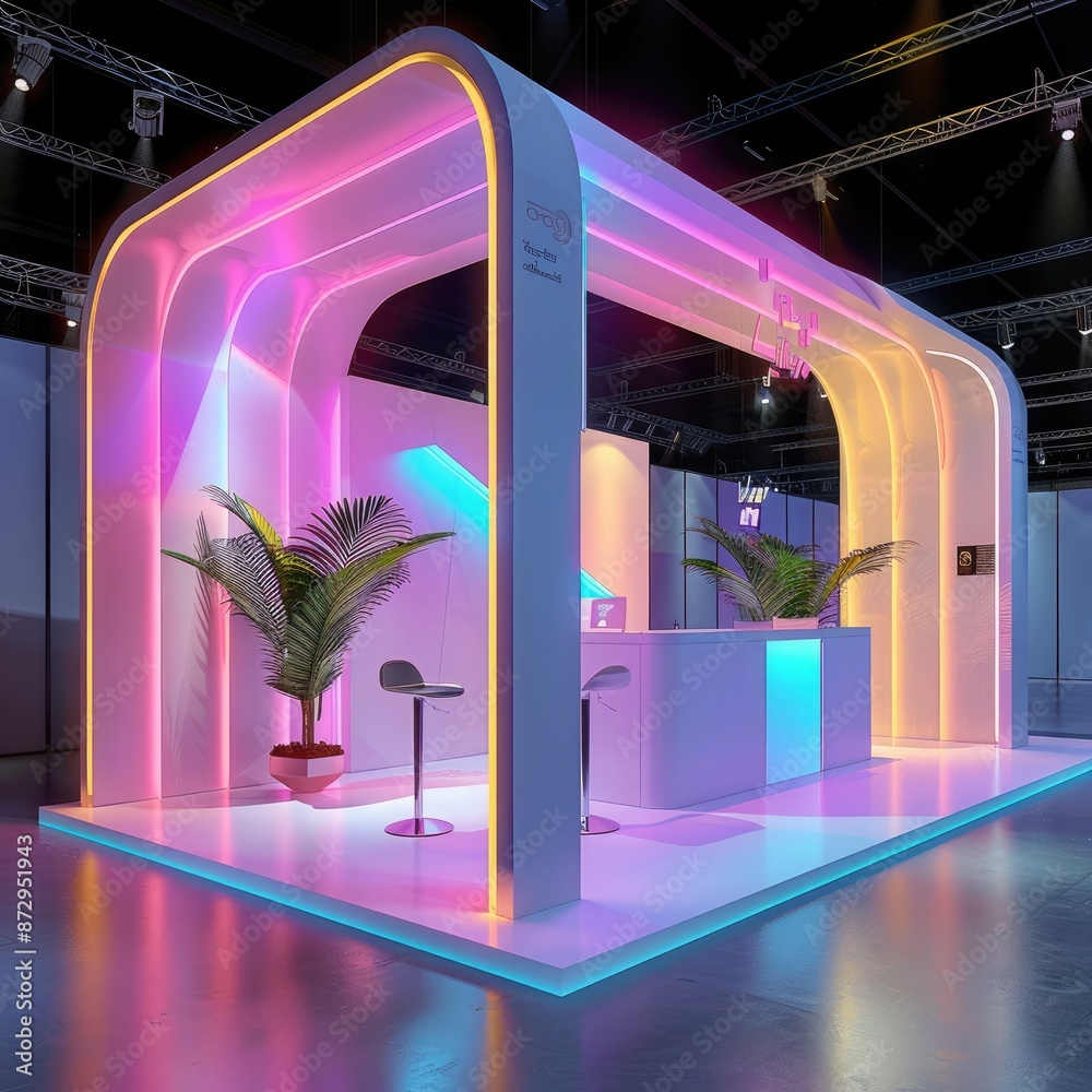 Poster a modern exhibition stand with a minimalist design, surrounded by palm trees and illuminated by colo