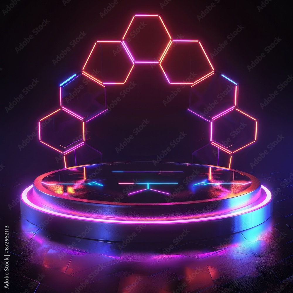 Poster A circular neon podium with glowing hexagons and triangles around it, creating a futuristic and dynamic composition.