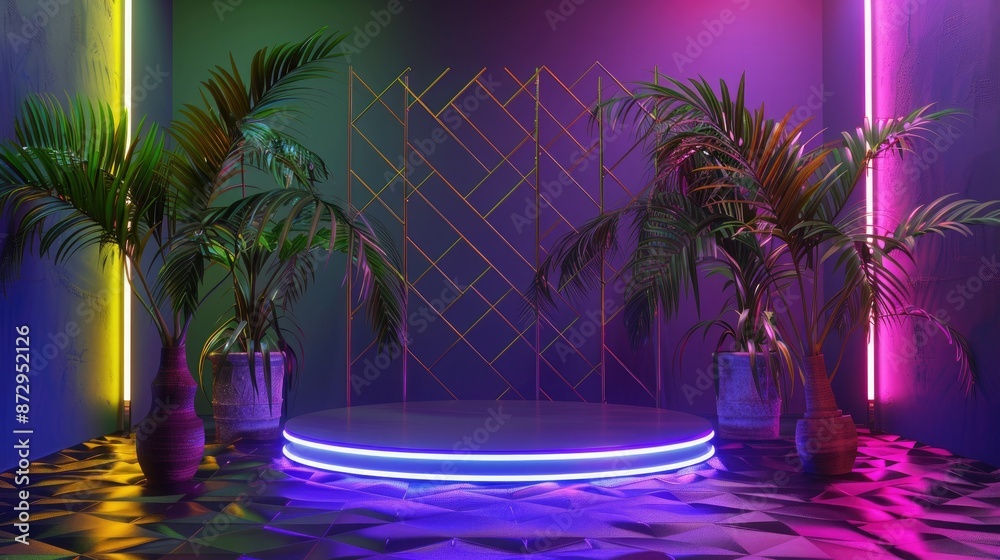 Poster An empty pedestal with palm trees and neon lights in a lattice pattern, providing a unique and eye-catching product showcase. 