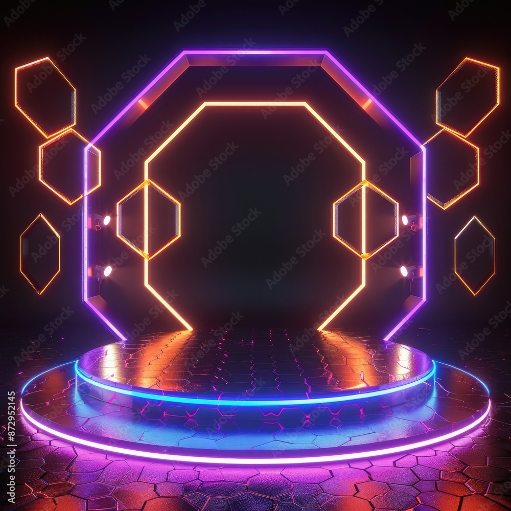 Poster A circular neon podium with glowing hexagons and triangles around it, creating a futuristic and dynamic composition. 