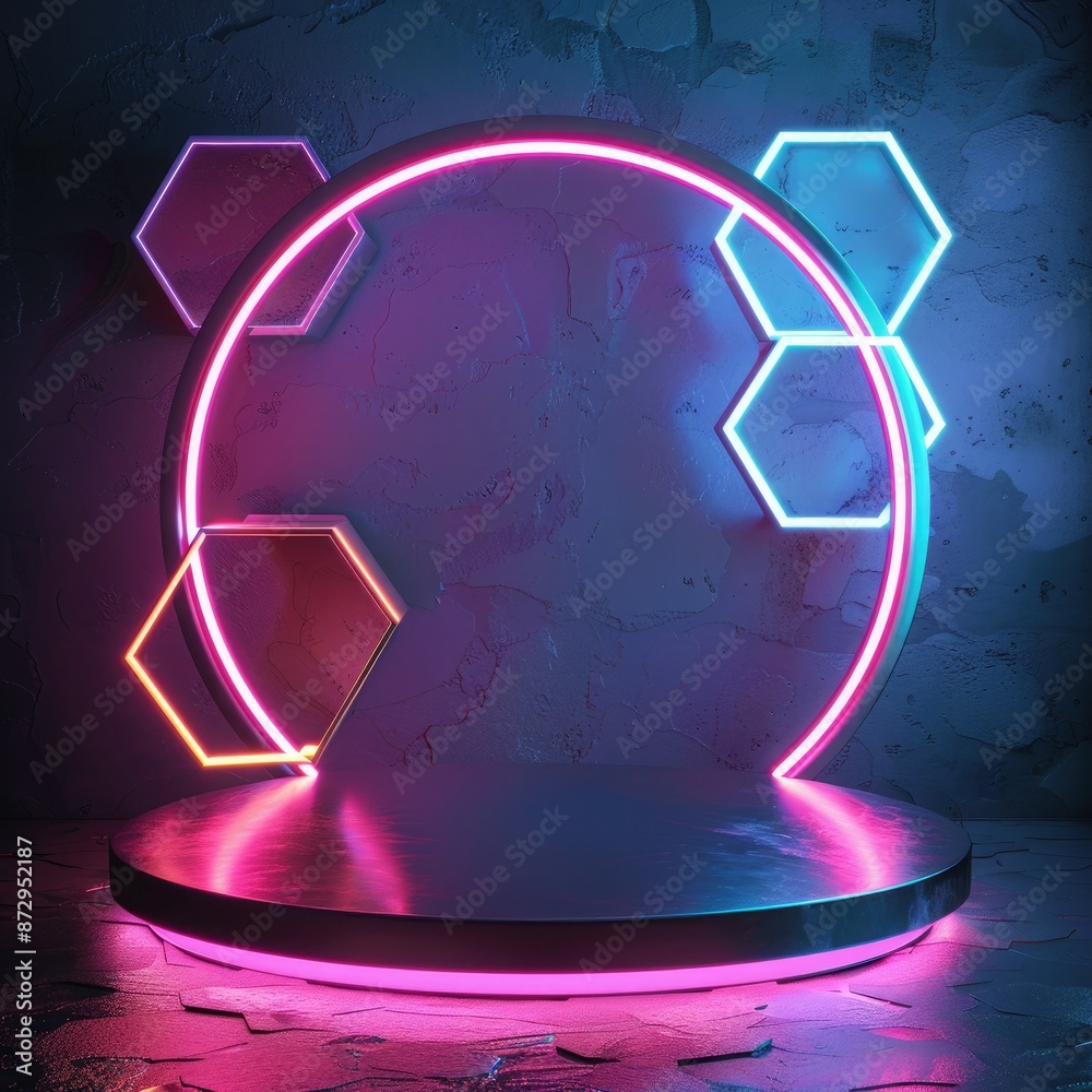 Poster A circular neon podium with glowing hexagons and triangles around it, creating a futuristic and dynamic composition. 