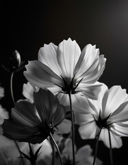 Background with contrasting black and white flowers in a minimalist style