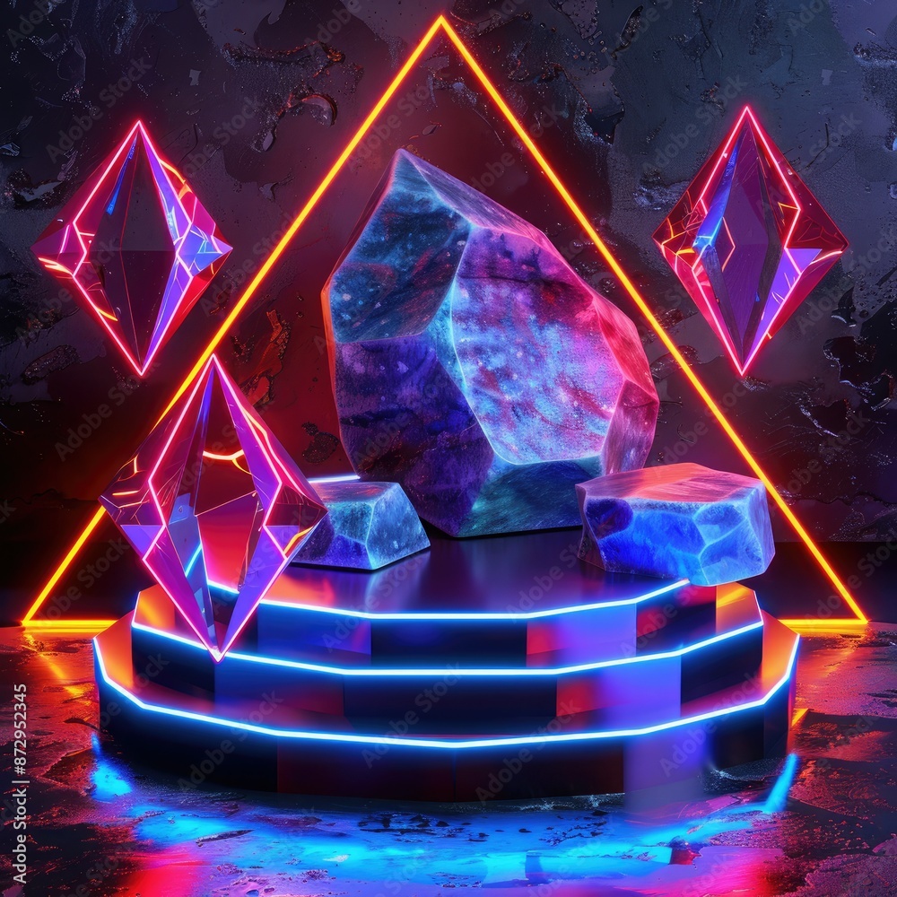 Poster A neon-lit podium with a geometric backdrop of glowing lines and shapes, including diamonds and polygons. 