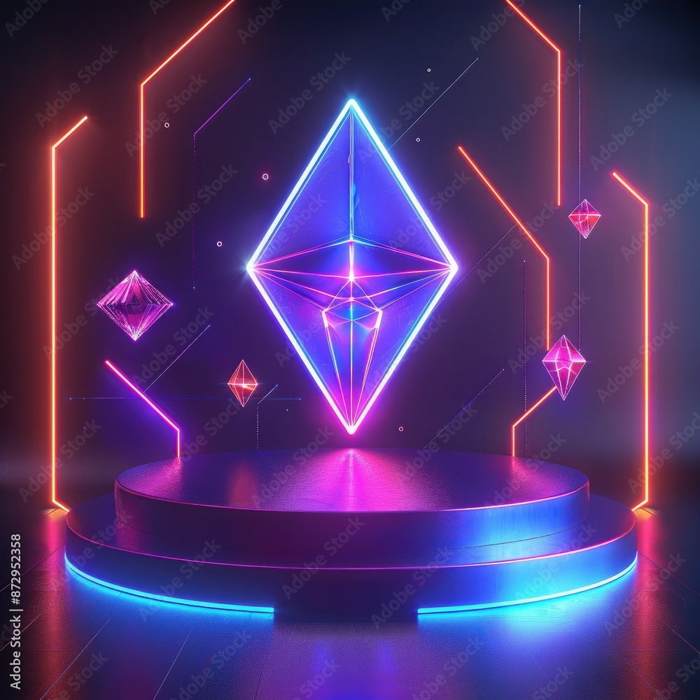 Poster A neon-lit podium with a geometric backdrop of glowing lines and shapes, including diamonds and polygons. 