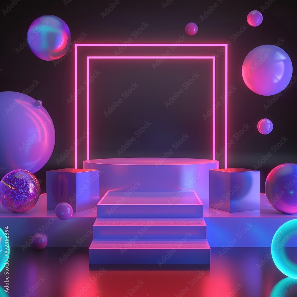 Poster a vibrant neon podium surrounded by geometric shapes such as cubes and spheres, all illuminated by a