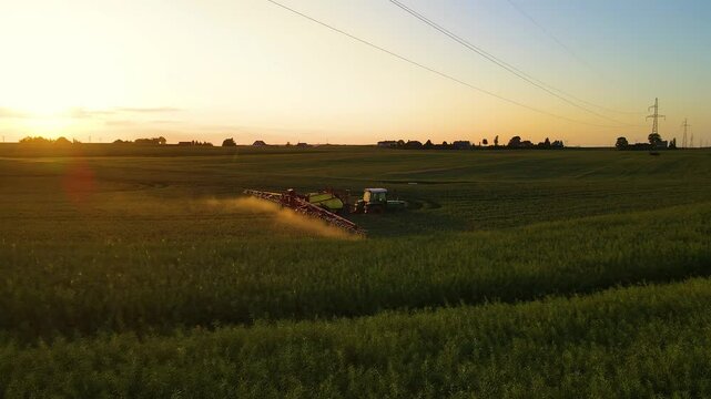 Farming tractor spraying on field with sprayer, herbicides and pesticides at sunset aerial view. Farm machinery spraying insecticide to soil. Working in agronomic farm for making business and having