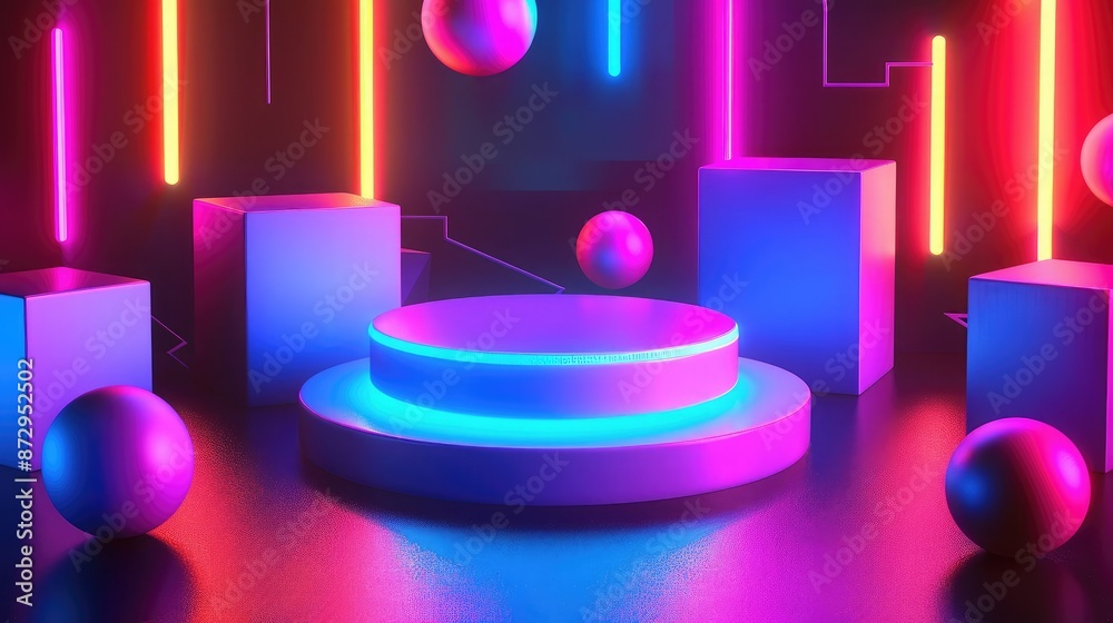 Poster a vibrant neon podium surrounded by geometric shapes such as cubes and spheres, all illuminated by a