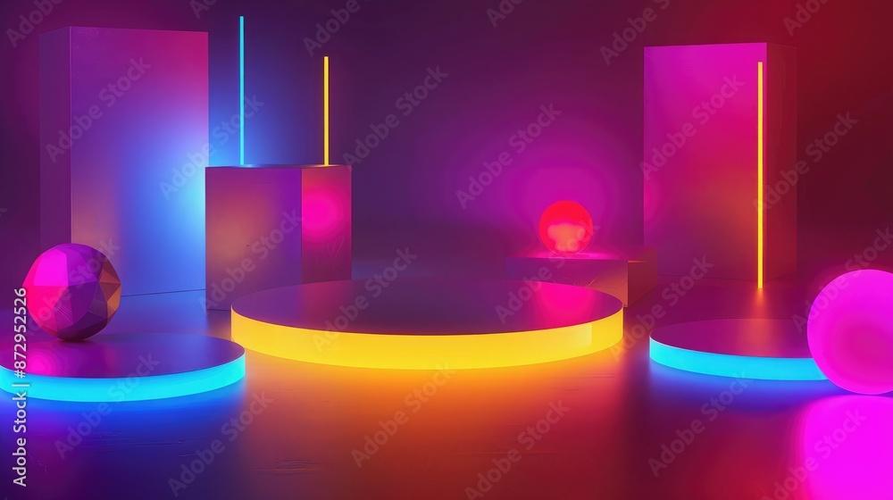 Aufkleber a vibrant neon podium surrounded by geometric shapes such as cubes and spheres, all illuminated by a