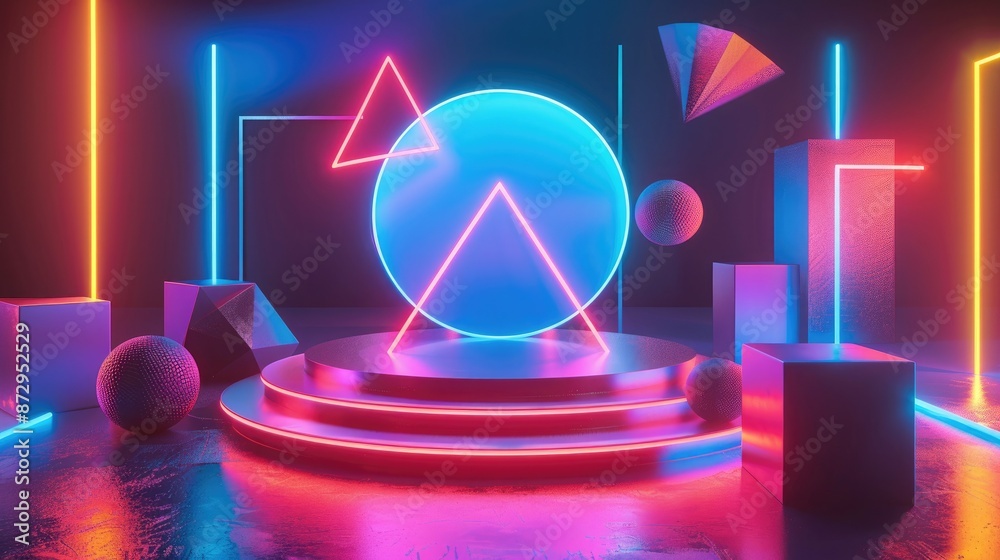 Poster a vibrant neon podium surrounded by geometric shapes such as cubes and spheres, all illuminated by a