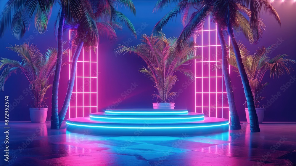 Poster An empty pedestal with palm trees and neon lights in a lattice pattern, providing a unique and eye-catching product showcase. 