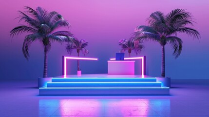Obraz premium A 3D rendering of an empty product stand with palm trees and neon lights, creating a vibrant and futuristic setting for product display. 