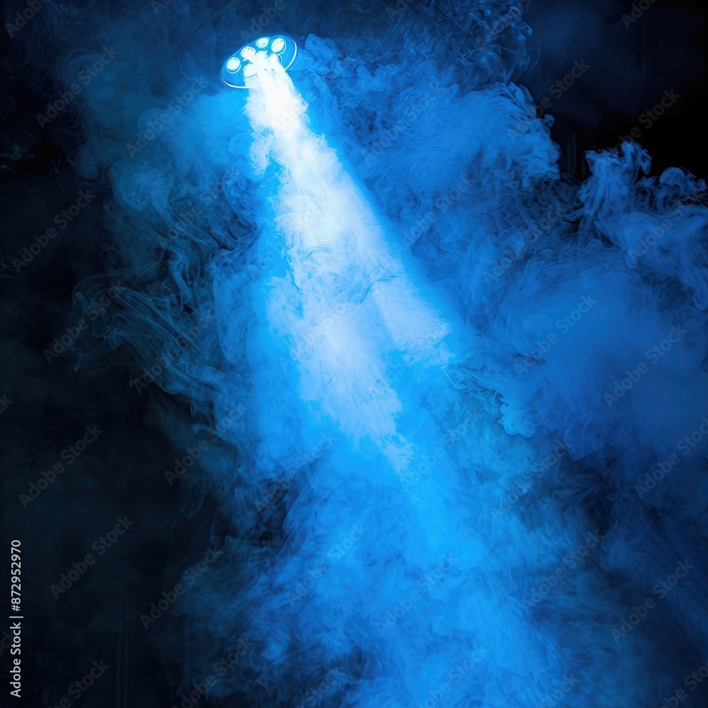 Poster A vivid blue spotlight projecting through a cloud of smoke, creating a mesmerizing and mysterious visual atmosphere.