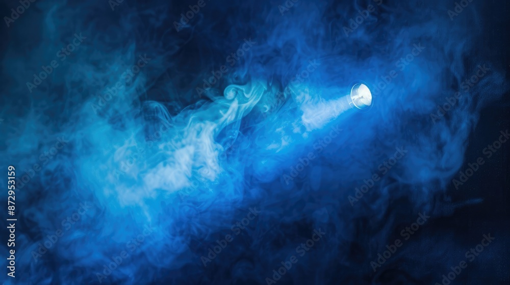 Poster A vivid blue spotlight projecting through a cloud of smoke, creating a mesmerizing and mysterious visual atmosphere. 