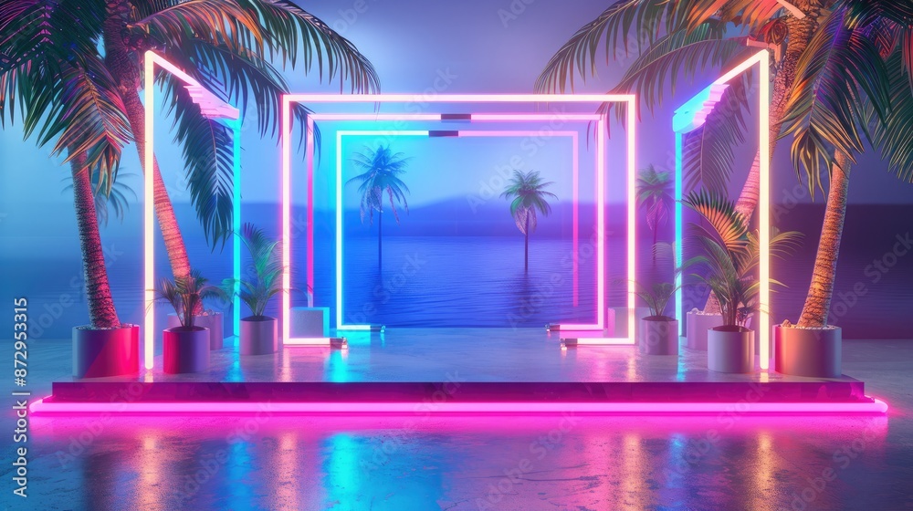 Poster A 3D render of an empty product stand with a tropical vibe, featuring palm trees and neon lights in a range of vibrant colors. 