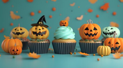 3D render of Halloween-themed cupcakes on a pastel teal background, no peaple