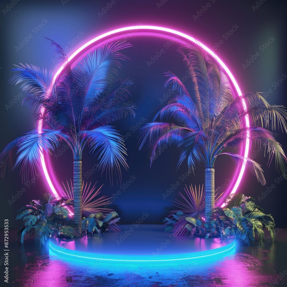 Poster a circular podium surrounded by palm trees and accented with neon blue and pink lights, set against 