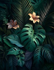 Background with abstract patterns of foliage and lush flowers